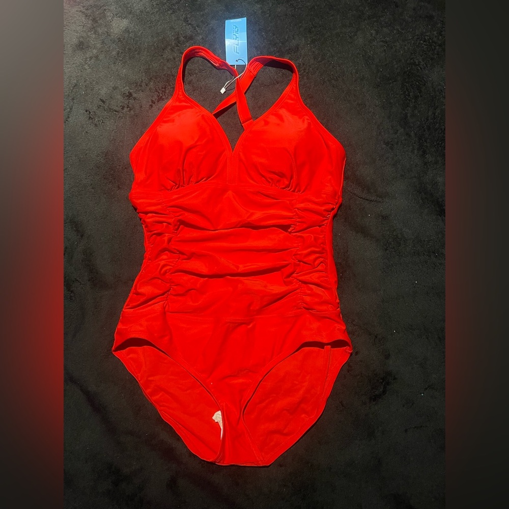 Red one piece red ruched swimsuit. Size Xl